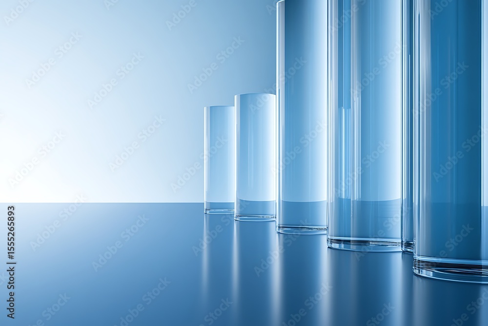 Obraz premium Abstract blue glass cylinders arranged in a row with reflections on a shiny surface