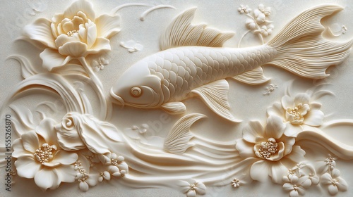 Ornate cream-colored relief carving of a fish amidst flowing floral designs. Detailed, stylized depictions of flowers and water