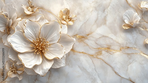 Ornate floral design on a marble-like backdrop.  Delicate blossoms in cream and gold