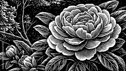 Blooming peony with layered petals and lush shape, a black and white sketch vector hand drawn