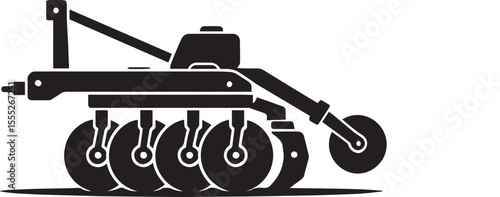 Disc Harrow Silhouette – Detailed Agricultural Tillage Equipment Vector, Black and White Disc Harrow Side View – Soil Preparation Tool Icon