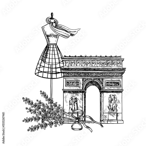 A tailor s dummy with a lavender scarf and the Arc de Triomphe in Paris. Vector graphics, hand-drawn black and white illustrations. This is an element of your design for banners, posters, postcards.