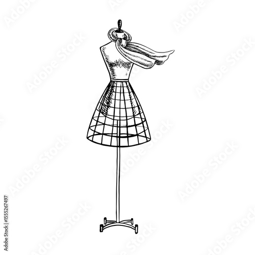 A tailor s mannequin with a scarf. Vector graphics, black and white hand-drawn illustration. Highlight it on a white background. This is an element of your design for banners, posters, websites.