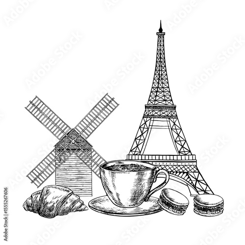 A cup of coffee and French pastries with croissants and almond cookies, background of the Eiffel Tower and a mill in Paris. Vector black and white illustration, hand-drawn. French pastries.