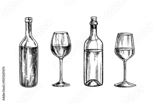 A set of wine images. Bottles for white and red wine, wine glasses. Handmade vector illustrations. For packaging and labels. For banners and posters. For restaurants, bars, and more.