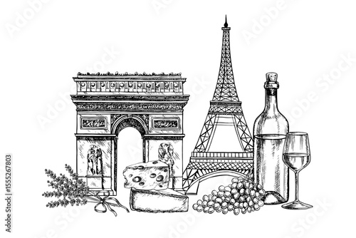 A bottle of white wine, a glass, French cheese and lavender against the backdrop of the Eiffel Tower and the Arc de Triomphe in Paris. Hand-drawn vector graphic illustration. French cheese and wine.