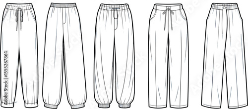 CAD Drawing Flat Vector Illustration of Women's Casual Pants Collection, Including Joggers, Harem, and Wide Leg Styles, Apparel Design Template