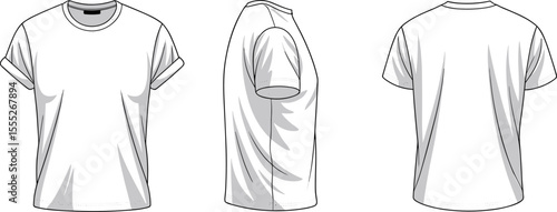 CAD Drawing Flat Vector Illustration of White Crew Neck T-Shirt with Rolled Sleeves, Front Side and Back Views, Apparel Design Template