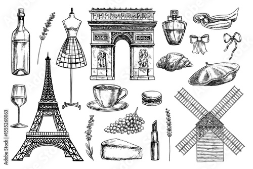 A set dedicated to French culture. Vector, black and white hand-drawn graphics. Parisian landmarks. Fashion, cuisine, wine, and architecture. For packaging and labels. For banners, posters, postcards.