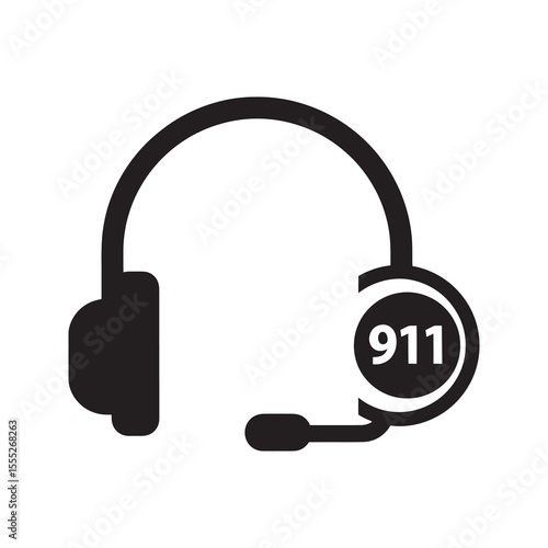 Emergency call center headset icon for a 911 operator providing support and dispatch service for a rescue or police assistance vector solid glyph icon