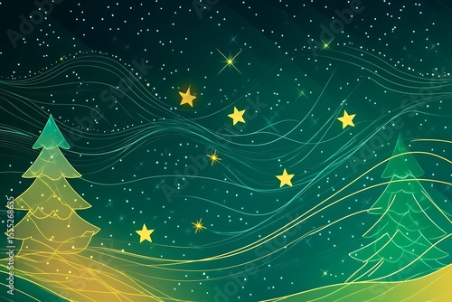 Stylized christmas tree under a starry night sky with wavy lines and lights