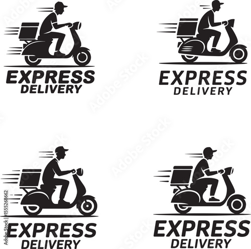 Four black and white graphic logos featuring a delivery person on a scooter with express delivery text silhouette