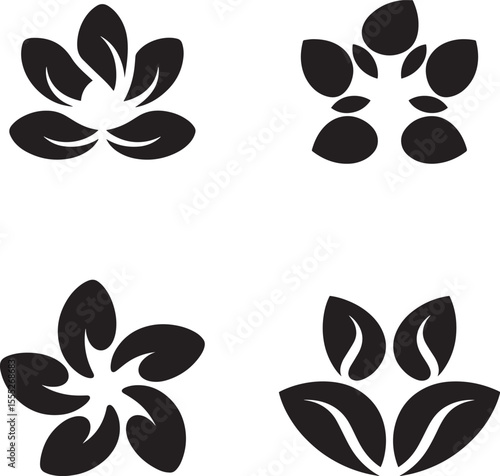 Four abstract black flower petal designs silhouette