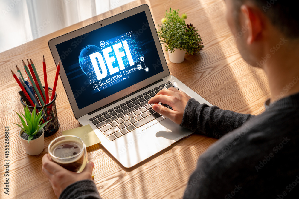 Fototapeta premium Decentralized finance or DeFi concept on modish computer screen . The defi system give new choice of investment and money saving .