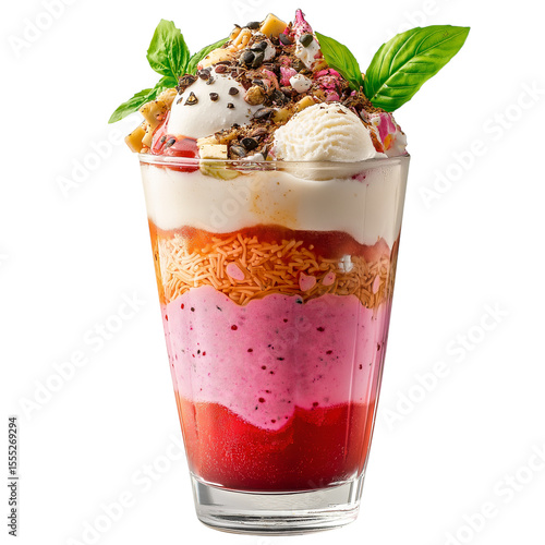 Vibrant glass of falooda dessert drink with vermicelli, basil seeds, ice cream, and rose syrup