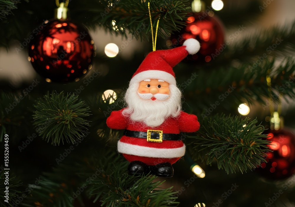 Festive santa decoration hanging on a christmas tree with red ornaments and glowing lights around it Festive santa decoration hanging on a christmas tree with red ornaments and glowing lights around it
