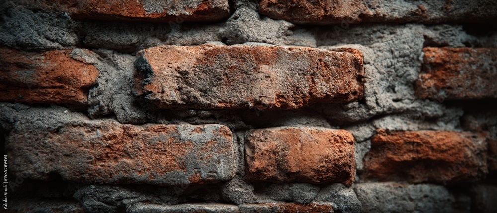 Obraz premium Weathered red bricks stacked together form a textured wall, embodying rustic charm and history.