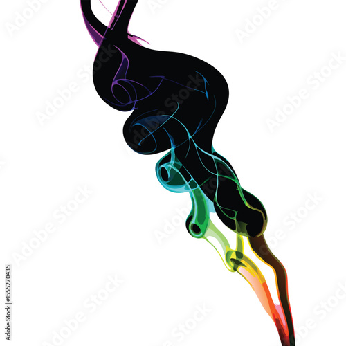 Abstract illustration of a black smoke plume with vibrant rainbow colored wisps on white background
