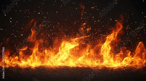 Intense flames with sparkling embers on dark background fiery texture for graphic design elements bright energy