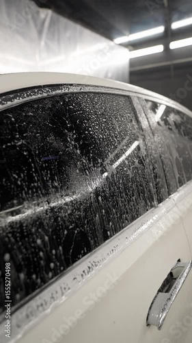 Car being washed, covered in soap suds and water drops. Car wash concept.
