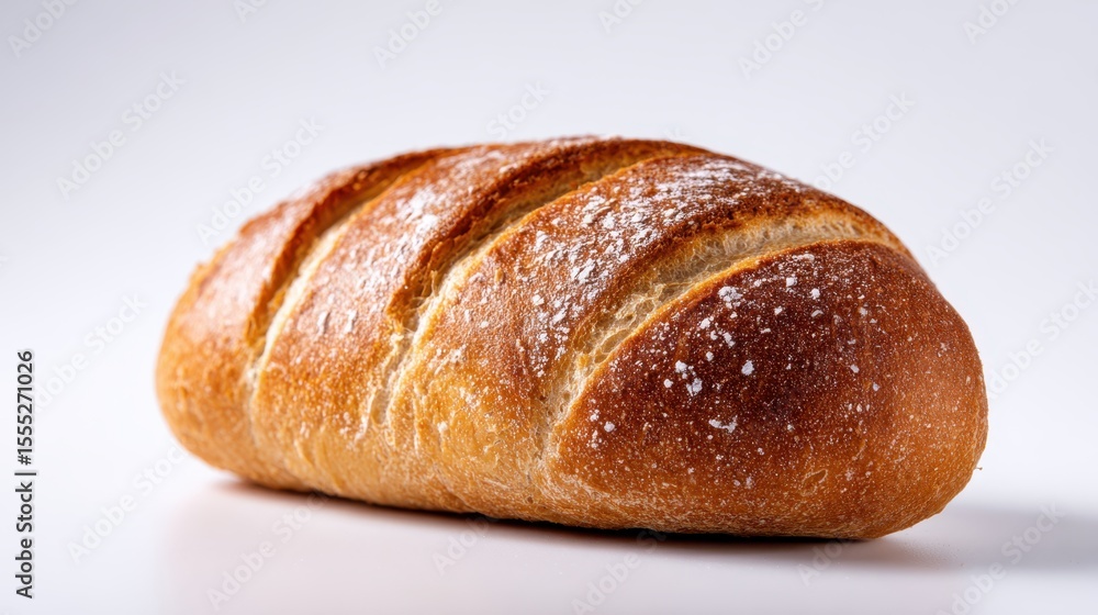 Freshly baked golden brown sourdough loaf with flour dusted crust and characteristic slashes, resting on crisp white background highlighting artisan bread craftsmanship Freshly baked golden brown sourdough loaf with flour dusted crust and characteristic slashes, resting on crisp white background highlighting artisan bread craftsmanship