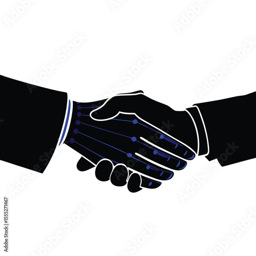 Black and white illustration of a handshake with robotic hand and human hand on white background