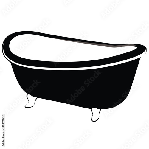 Black clawfoot bathtub illustration with white interior and outline on a white background graphic