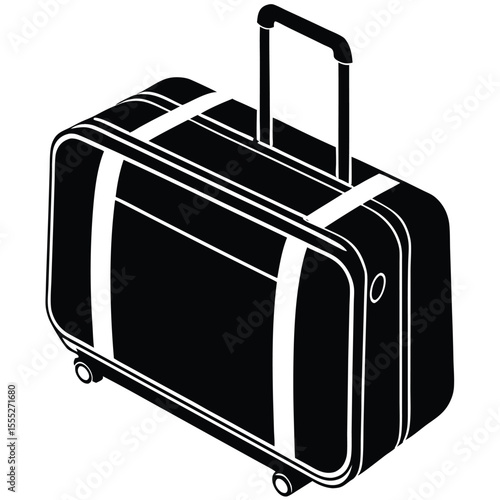 Isometric black and white suitcase illustration with handle straps wheels and a minimalist design