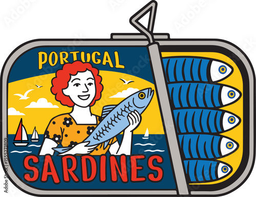 Vintage Portugal Sardine Can Illustration Colorful flat vector illustration of a sardine can with a cheerful woman holding a fish on the label. 