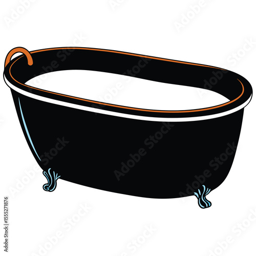 Stylized black bathtub illustration with orange trim and claw feet on a white background vintage