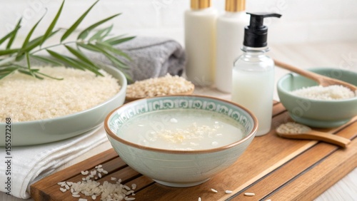 rice water skincare natural toner for skin and hair care Eco cosmetics Flat lay