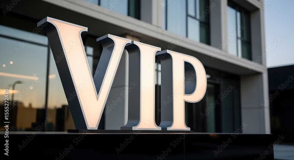 Obraz premium Large VIP sign glowing on a modern building facade. Exclusive access and premium service concept. Entrance to a luxury hotel or club.