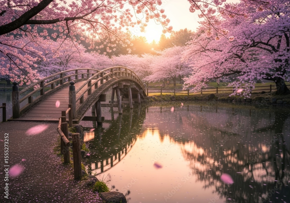 Obraz premium A picturesque wooden bridge over a pond, surrounded by stunning pink cherry blossoms illuminated by the golden light of a sunset. Falling petals enhance this serene, dreamlike spring scene.