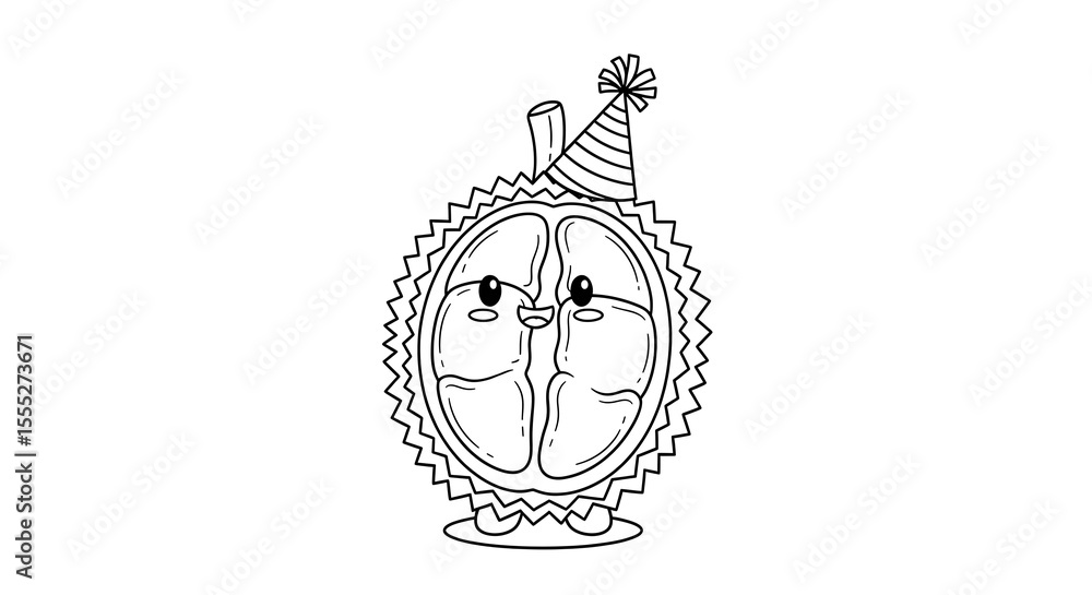Cute cartoon durian character wearing a party hat isolated on transparent background Cute cartoon durian character wearing a party hat isolated on transparent background