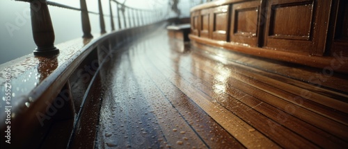 Dew-kissed wooden ship deck glistens under soft light, capturing a serene maritime morning.
