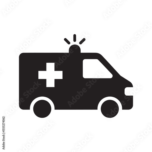 Ambulance icon for an emergency medical vehicle providing urgent care and transport to a hospital for a patient requiring first aid vector solid glyph icon