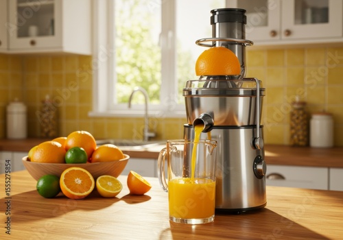  Fresh orange juice being squeezed in a modern juicer on a wooden kitchen counter with a bowl of citrus fruits, highlighting healthy lifestyle and fresh nutrition.