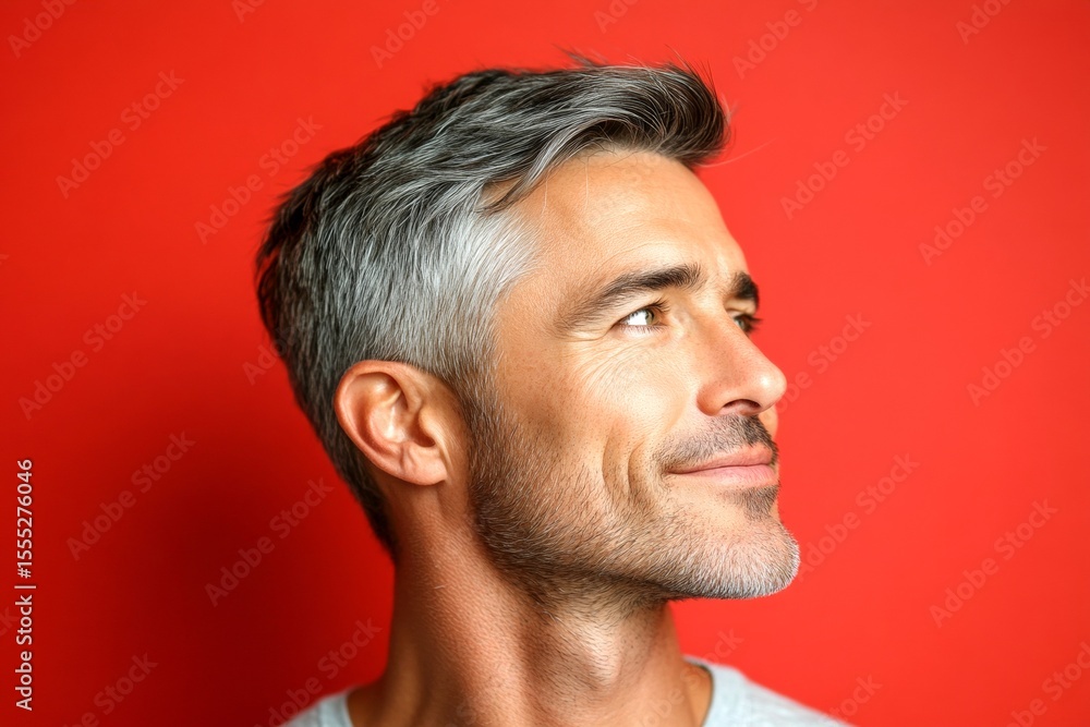 Obraz premium Red solid background. A relaxed and charming gentleman with a bright smile. Elegant men's layered waves haircut - midlife white man with grey hair. Creative artwork of style for aging men.