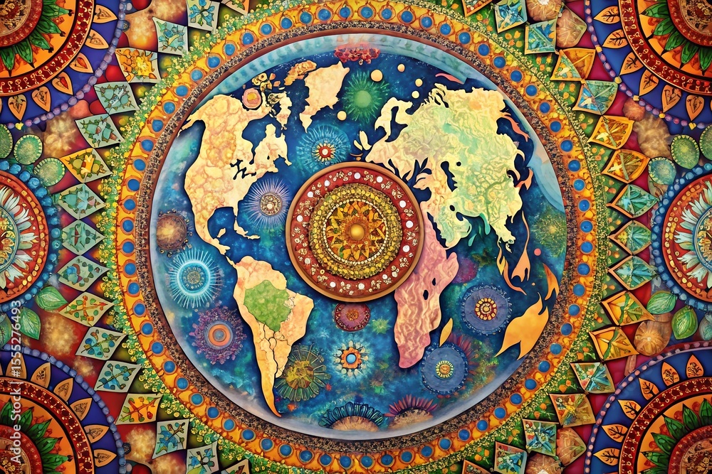 Fototapeta premium A vibrant circular mandala features a detailed world map at its center, surrounded by intricate patterns