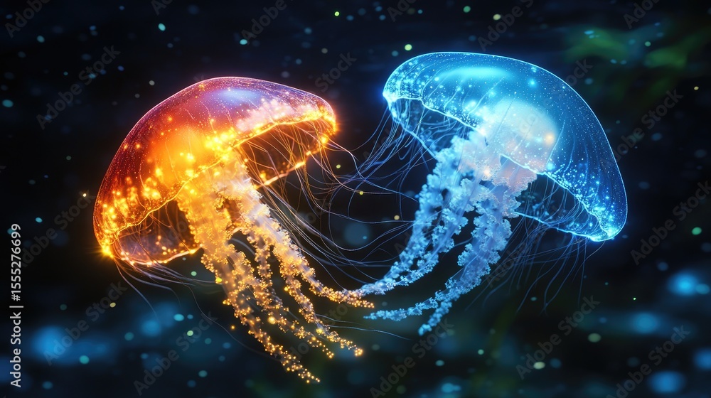 Naklejka premium Two bioluminescent jellyfish glowing in a dark underwater scene.