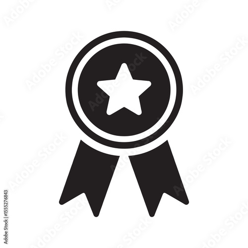 Achievement award medal icon with a star and ribbon representing a first place victory for a successful winner and quality champion honor vector solid glyph icon