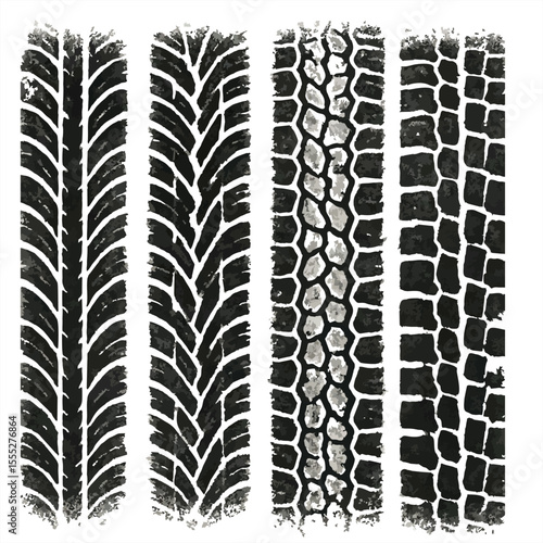 Set of black tire track patterns with varied textures, perfect for automotive designs, grunge backgrounds, or industrial art.