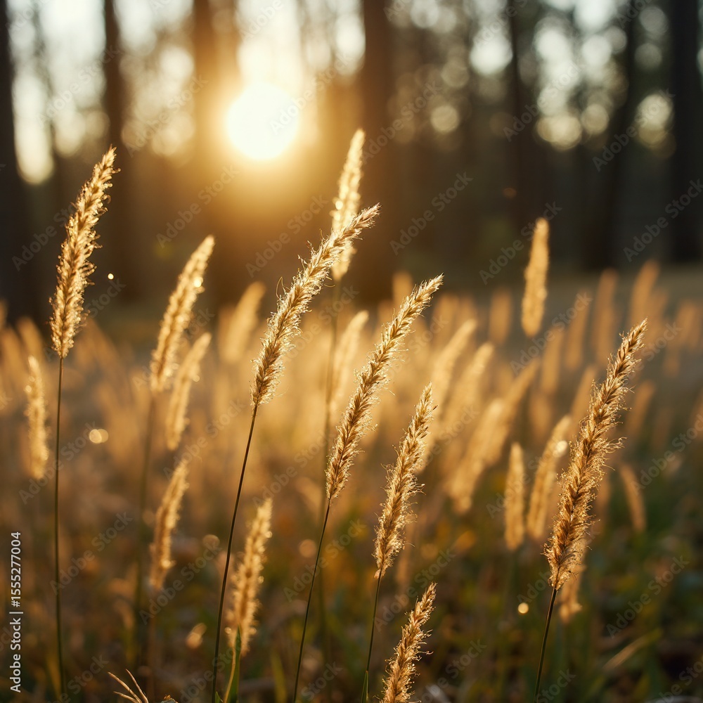 Fototapeta premium Golden Whispers: Sunlit Grass at Dusk