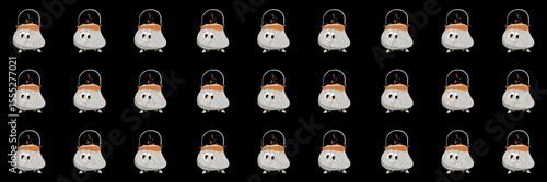 Seamless Halloween pattern with cartoon gray cauldrons, cute eyes, and orange details on a solid black background in a fun and festive style. Cartoon Halloween Cauldron Characters