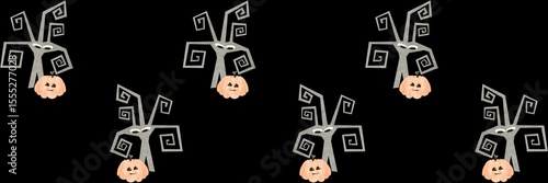 Seamless Halloween pattern with cartoon spiral trees, smiling pumpkins, on a black background. Halloween Characters. Funny Halloween Characters Seamless Background
