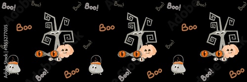 Seamless Halloween pattern with cartoon spiral trees, smiling pumpkins, spooky eyes, cauldrons, and Boo text on a dark background in a playful festive style. Halloween Characters.