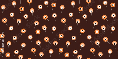 Seamless Halloween pattern with orange eyeball lollipops scattered on a red background in a playful spooky style. Fun Halloween Treats. Orange Eyeball Candy Repeat Design