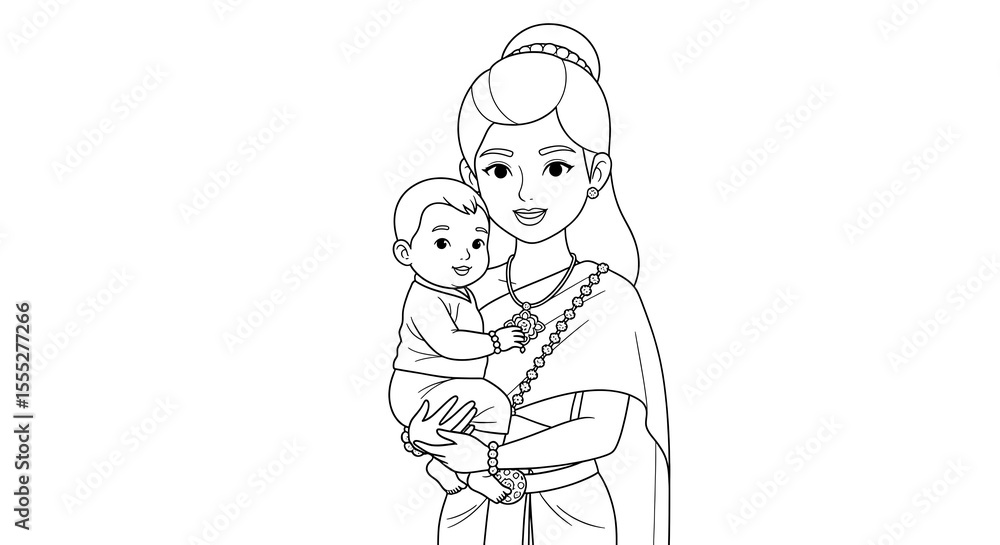 Fototapeta premium Cartoon mother holding her baby wearing traditional clothing isolated on transparent background