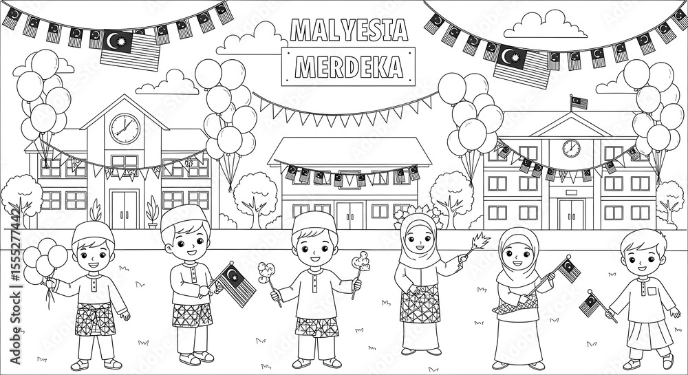 Fototapeta premium Happy malaysian children celebrating merdeka day with flags and balloons isolated on transparent background