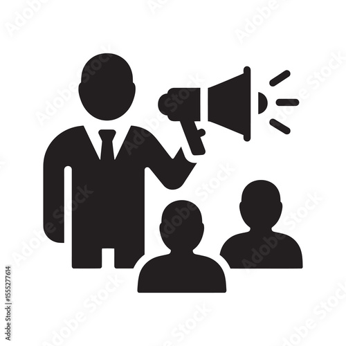 Leadership announcement icon with a manager holding a megaphone speaking to a team representing public relations and influencer marketing vector solid glyph icon